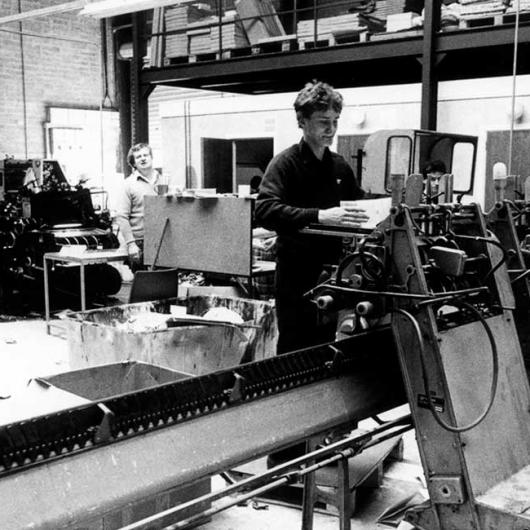 Anglo Printers Finishing Department 1983. Paul Byrne and Muller operator Mr Winters